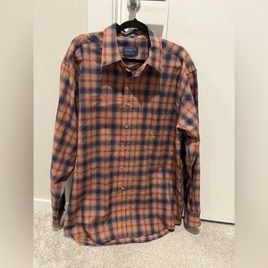 Pendleton Mens XL Sir Pendleton Merino Wool Button Front Shirt Tan Blue Plaid